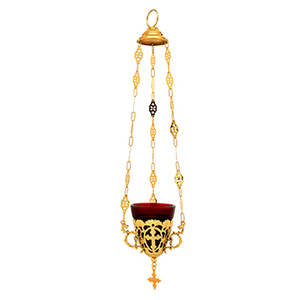 Cross Carved Brass Hanging Sanctuary <b>Lamp</b> with Red Glass T-Light – Church Vigil <b>Lamp</b> | DOUBLE VEE EXPORTS - Product Image 1