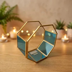 Support de bougie votive en verre noir avec cadre hexagonal en laiton, design artisanal, fait main, haute qualité, réutilisable, décoration d'intérieur VO92 - Product Image 3