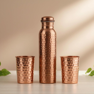 Top Copper Water Bottle with Two Glass Hammered Design For Hydration Yoga & Ayurveda Inspired Drinkware Bottle With Packaging - Product Image 2