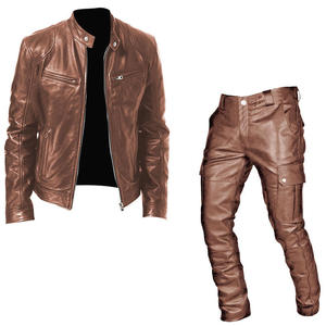 Men's PU <b>Leather</b> Jacket with Zipper Closure and <b>Cargo</b> <b>Pants</b> Set Windproof Eco-Friendly Stand Collar Front Logo Winter Wear - Product Image 2