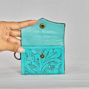 Genuine Leather Card Holder Turquoise Color Button Closure Minimalist Style Unisex Short Wallet Canvas Lining - Product Image 3