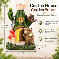 Patung Dekorasi Rumah Kaktus Gaya Barat dengan Sapi Highland Berkepala Topi Koboi dan Jamur untuk Aksen Taman Luar Ruangan Bertenaga Surya