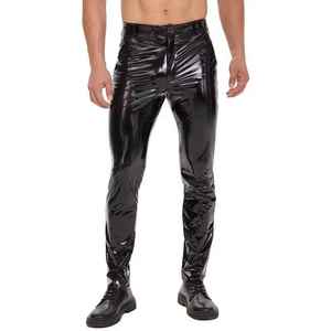 Pantalon slim noir en similicuir PU pour homme, coupe crayon, longueur intégrale, couleur unie, fermeture boutonnée, style club sexy, taille mi-haute, aspect satiné - Product Image 4