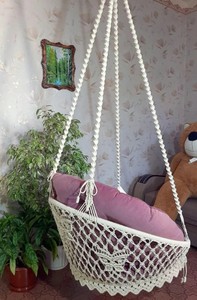 Hanging macramé <b>chair</b>-<b>hammock</b>, with a butterfly pattern on the back, and with a short openwork - Product Image 2