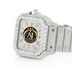 Montre bracelet en acier inoxydable avec cadran rouge, chiffres romains, moissanite, affichage de la date, style bijoux de luxe - Product Image 3