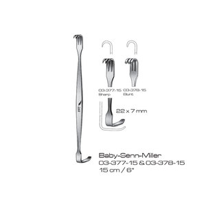 Écarteur chirurgical Baby-Senn-Miller 15 cm (6 po) à pointe aiguisée et à extrémité mousseuse 22 x 7 mm, instrument de chirurgie générale, Classe I - Product Image 1
