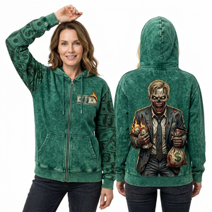 Sudadera con capucha oversize verde personalizada con lavado ácido para mujer, con gráficos de esqueleto y apuestas, de forro polar grueso, estilo streetwear - Product Image 2