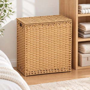 Panier à linge ovale en rotin naturel tressé, écologique, classique, multi-usages, avec couvercle et doublure en tissu amovible - Product Image 5