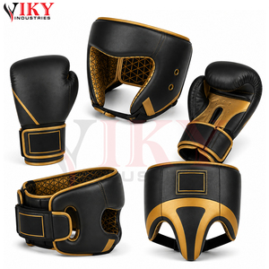 Guantes de boxeo de cuero de vaca negro dorado de primera calidad, resistentes y de alto rendimiento, conjunto de protector facial completo y protector abdominal - Product Image 3