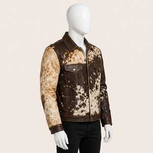 Veste de motard en cuir véritable pour homme, motif vachette, col rabattu, fermeture boutonnée, coupe classique, automne, décontractée - Product Image 5