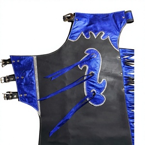 Pantalones de rodeo occidentales personalizados con borlas decorativas, cintura media, sin mangas, detalles metálicos azules, patrón geométrico frontal, unisex - Product Image 3