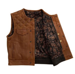 Men's <b>Brown</b> <b>Leather</b> Biker Vest Crew Neck Quilted Pattern Pockets Motorcycle Sleeveless <b>Jacket</b> Eco-Friendly Front Logo Winter - Product Image 3