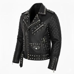 Veste moto vintage en cuir véritable pour homme, respirante, coupe ajustée, col rabattu, fermeture éclair, couleur unie noire, pour l'automne - Product Image 3