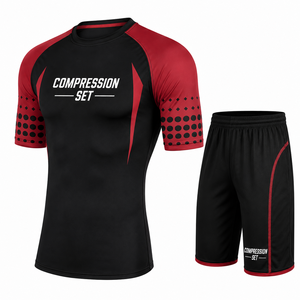 Custom Short Sleeve <b>Compression</b> Set Mens <b>Compression</b> Shirt and <b>Compression</b> Shorts Quick Dry Breathable - Product Image 1
