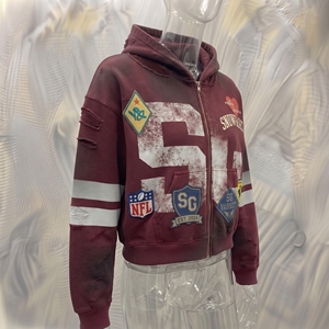 Sweat-shirt à capuche zippé pour homme Snowgrace, style streetwear oversize, design patchwork, couleur bordeaux, mode automne - Product Image 2