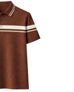 Polo a Rayas Marrón para Hombre, Mezcla de Algodón, Informal, Manga Corta, Top de Verano con Rayas en Contraste en el Pecho, Diseño Clásico - Product Image 3