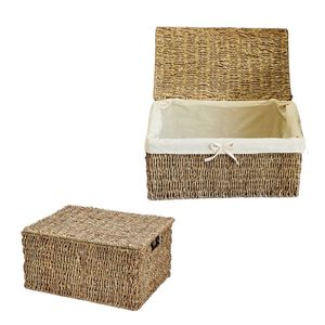 Cesta de Almacenamiento Rectangular de Mimbre y Fibra Marina PHU HAO Premium con Tapa, Ecológica, Multiusos, Decorativa para el Hogar - Product Image 1