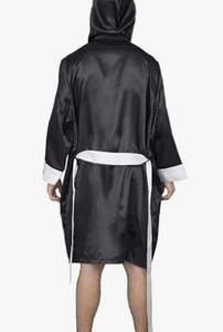 HAWK SPORTS INDUSTRIES Robe de boxe à capuche en satin noir avec bordure blanche, polyester durable, vêtements de sport confortables pour toutes les saisons - Product Image 4