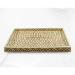 Bandeja Rectangular Decorativa de Lujo Moderno para el Hogar, Color Beige con Incrustaciones de Hueso, Patrón Floral Geométrico Tradicional, Hecha a Mano y Pulida - Product Image 1