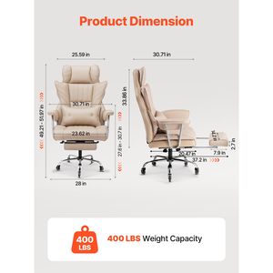 Sedia da Ufficio Ergonomica Robusta con Braccioli Rimovibili, Cuscino Lombare, Capacità 400 lb, Poggiapiedi per Dirigenti - Product Image 3