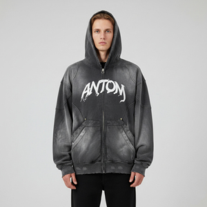 Sweat-shirts pour hommes de haute qualité 100% coton, couleur unie, logo brodé personnalisé, respirant, surdimensionné, fermeture éclair, 500 g/m², effet bouffant - Product Image 3