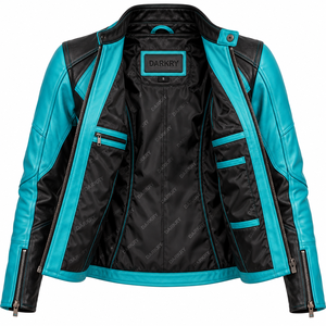 Blouson en cuir bleu sarcelle pour femme, coupe slim, style motard, avec empiècements noirs sur les côtés, col à boutons-pression, poignets zippés, veste de course personnalisée Darkry - Product Image 5