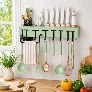 Kitchen Wall Mounted Utensil Rack with <b>Hooks</b> Knife Holder Storage Shelf Multi-Purpose Hanging Organizer - Product Image 1