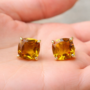 Citrine Quartz Cushion <b>Stud</b> Earring Prong Setting 8x8mm Faceted Gemstone November Birthstone Minimalist Jewelry Gift for Her - Product Image 1