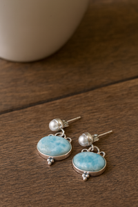 Boucles d'oreilles pendantes en larimar naturel et perles, argent sterling 925 plaqué or jaune et or rose, bijoux artisanaux en pierres précieuses pour femme - Product Image 5
