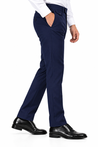 Pantalones de vestir formales para hombre, azul marino, corte recto, con cierre de botón, antiarrugas, mezcla de lana de peso medio, 100% algodón - Product Image 4