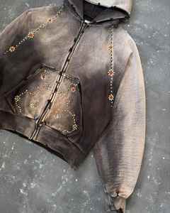 Sudadera con capucha unisex con cremallera y estampado floral desgastado, estilo vintage, marrón, oversize, streetwear, con brillo floral, 2026 - Product Image 2