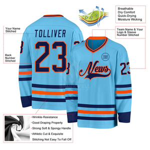 Jersey de Hockey sobre Hielo Personalizado para Hombre, Color Azul Cielo y Naranja, Cuello en V, Manga Larga, Nombre y Número Sublimados, Uniforme de Equipo de Poliéster - Product Image 6