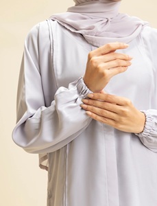 Muslim Women Everyday Luminous Pearl Abaya Set Saudi Solid Long <b>Elastic</b> Sleeve Floor-Length Straight Modest Full Cover Natural - Product Image 6