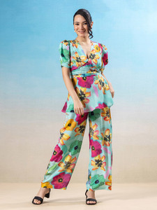 Ensemble pour femmes, manches courtes, pantalon et robe imprimée à col en V, tunique, tenue d'été formelle et confortable - Product Image 4