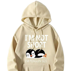Sweat à capuche unisexe en coton avec imprimé de dessin animé « I'm Not Short I'm Penguin Size », coupe oversize, décontracté, pour l'automne - Product Image 6