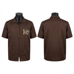 Veste de barbier en twill de coton poly premium 240 GSM marron à manches courtes, vêtements de travail, logo brodé personnalisé, poches utilitaires - Product Image 1