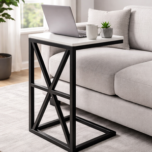 Table d'appoint moderne en forme de C, table d'appoint en métal pour canapé, table pour ordinateur portable et collations avec base en X pour salon et chambre à coucher - Product Image 1