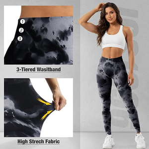 High Waist Printed <b>Leggings</b> Full Length Push Up Sporty Yoga Pants Black Gray Tie Dye Pattern <b>Seamless</b> - Product Image 4