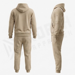 Survêtement beige à capuche pour homme, sweat-shirt zippé avec poches latérales et pantalon de jogging à cordon de serrage, tenue décontractée d'automne, couleur unie, coton - Product Image 2
