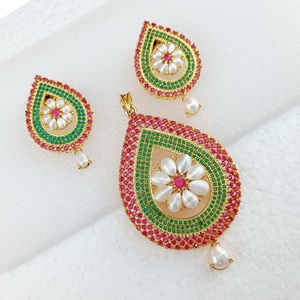 RAY FINE ORNATES IGI Certified Princess Cut Victorian <b>Ruby</b> Emerald Pearl Pendant Set 22K Gold Plated Bridal <b>Necklace</b> Earrings - Product Image 3