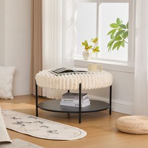 Tavolino da Caffè Rotondo Imbottito Largo 78,5 cm con Ripiano Aperto Effetto Legno e Gambe in Metallo Nero, Poggiapiedi e Sgabello - Product Image 2
