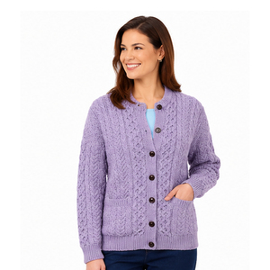 Cárdigan de punto morado para mujer, manga larga, color liso, cuello redondo, cierre de botones, lana y viscosa, tejido a mano, invierno - Product Image 4