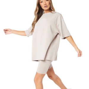 Conjunto de Verano para Mujer, Talla Grande, Camiseta Holgada de Manga Corta con Pantalones Cortos, Cuello Redondo, Algodón con Spandex, Pantalones Cortos Casuales Estampados - Product Image 1