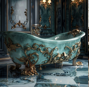 Bañera rústica de cobre oxidado color verde azulado con un borde de bronce pulido en contraste, disponible a precios de mayorista. - Product Image 4