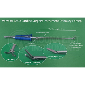 คีมวาล์ว Xs Debakey Forcep ขนาด 17 ซม. 5 มม. พร้อมปลอกหุ้ม ปากโค้ง 45 องศา แบบสองทิศทาง สำหรับเครื่องมือผ่าตัดหัวใจ หน่วยดูแลผู้ป่วยหนัก และศัลยกรรมกระดูก - Product Image 1