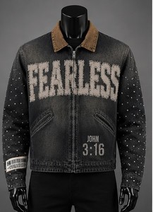 Custom Branding Men's Retro Washed <b>Rhinestones</b> / Printed Box Fit Streetwear Bomber <b>Jacket</b> Canvas 100% Cotton Regular Sleeve - Product Image 4