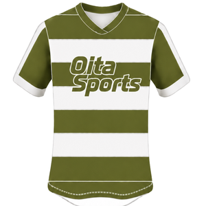 Camiseta de Rugby Verde Oliva y Blanca de Manga Corta, Cuello Redondo, Rayas, para Entrenamiento Deportivo, Partidos y Equipos - Product Image 1