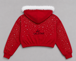 SALSTAR Sweat à capuche court rouge avec bordure en fourrure blanche, imprimé à pois scintillants, veste polaire pour femme, pull d'hiver à manches longues - Product Image 4