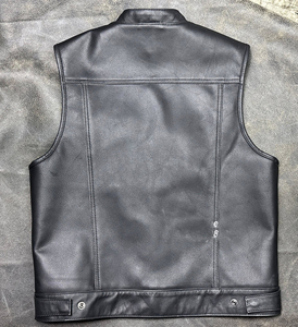Collarless Club Style Leather Biker Vest In Black - Product Image 2