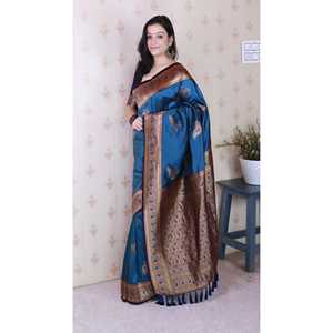 Blusas y Camisas de Seda Suave Tejida con Zari de Pavo Real Azul Metálico Banarasi de Elite Weaves para Mujer - Product Image 3